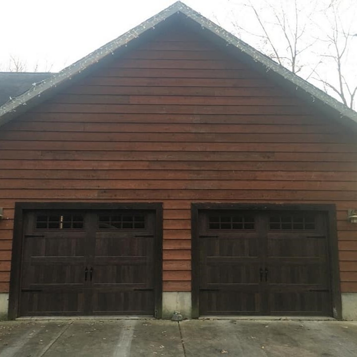 New modern garage doors - 2-9x7 CHI 5916 in a walnut accent finish - Glenn Brothers - Springfield, IL