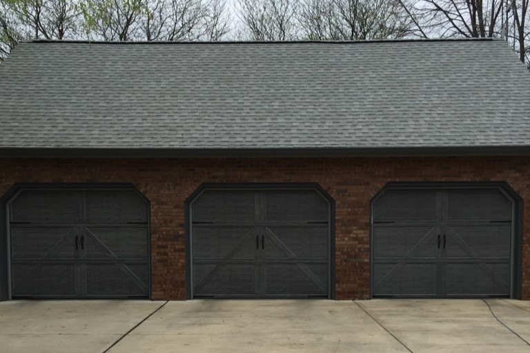 brand new barndoor style garage doors - Wayne Dalton model 9700 gray stain - Glenn Brothers - Springfield, IL