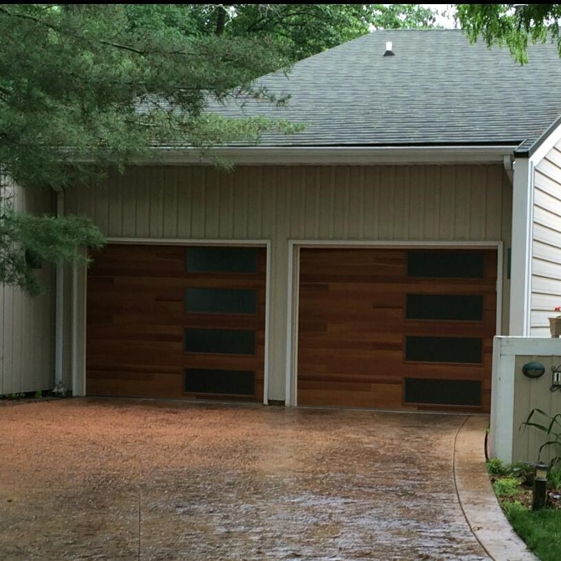 double garage doors finished project - 2-9x7 CHI model 3216P with 24"x15" obscure glass and cedar finish- Glenn Brothers - Springfield, IL